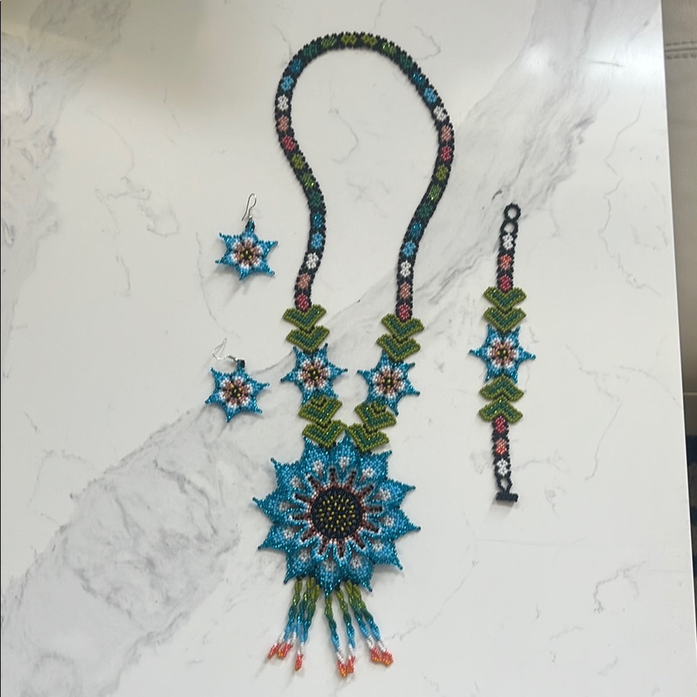 Huichol Handcrafted Beaded Necklace Set - Blue and Green